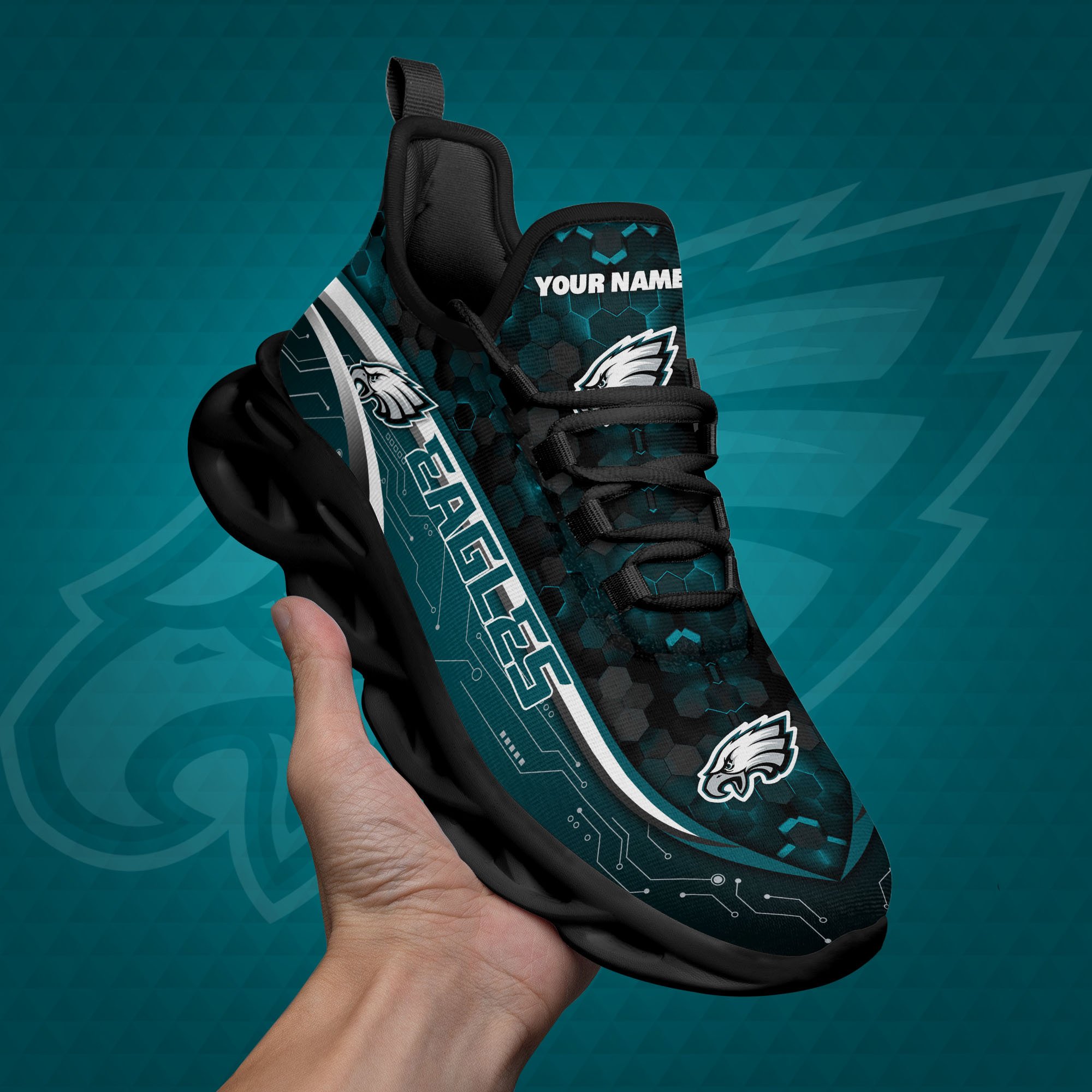 Philadelphia Eagles Black Clunky Sneakers Custom Name, Max Soul Shoes, Sport Gifts