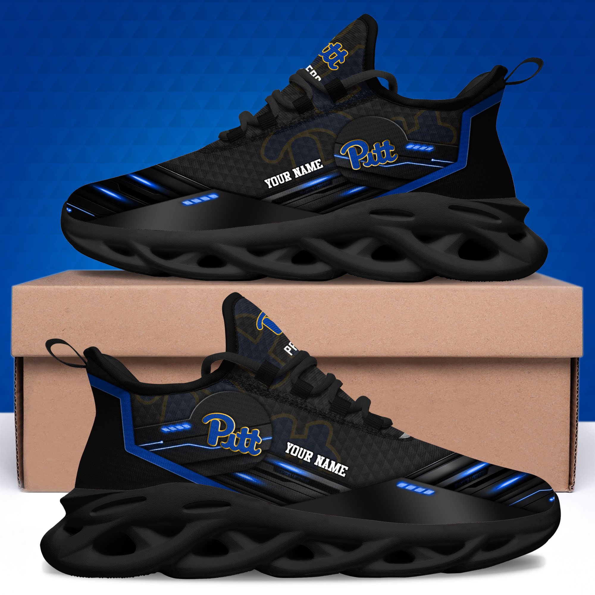 Pittsburgh Panthers Black Clunky Sneaker Custom Name, Max Soul Shoes, Sport Gifts For Fan