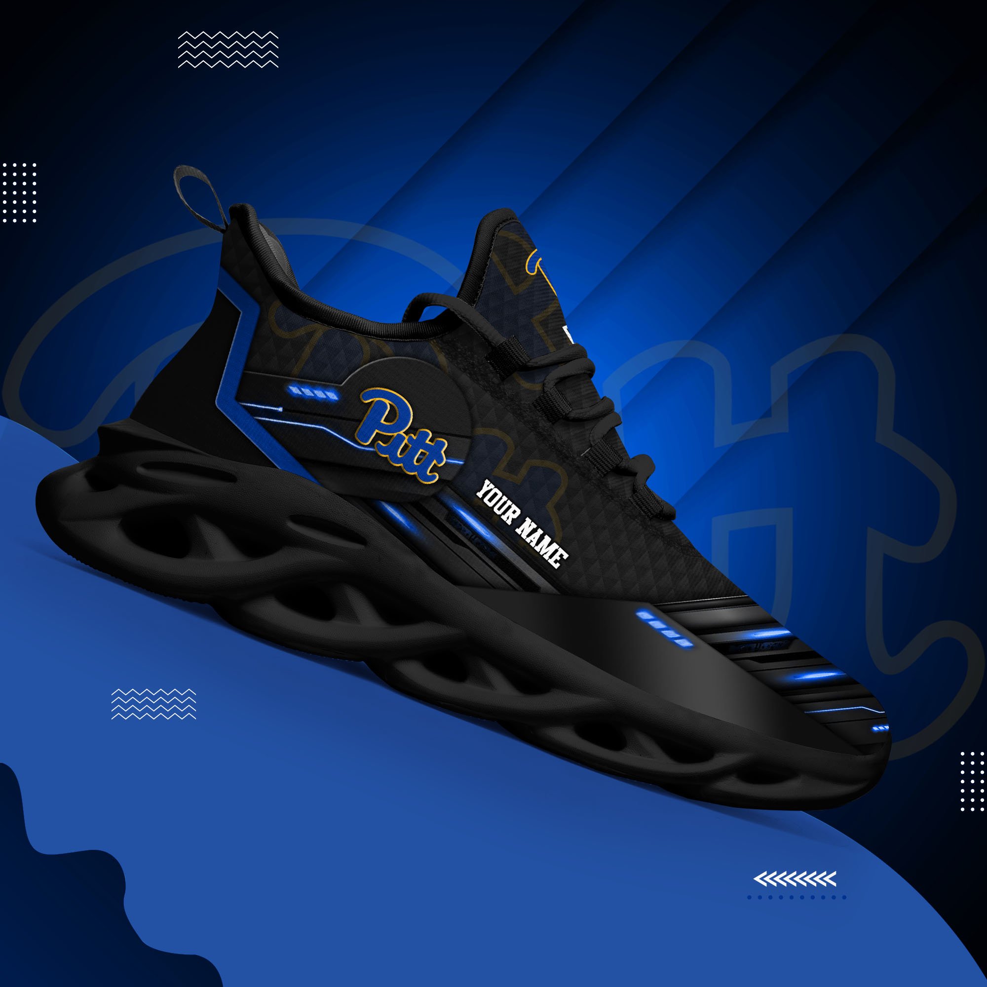 Pittsburgh Panthers Black Clunky Sneaker Custom Name, Max Soul Shoes, Sport Gifts For Fan