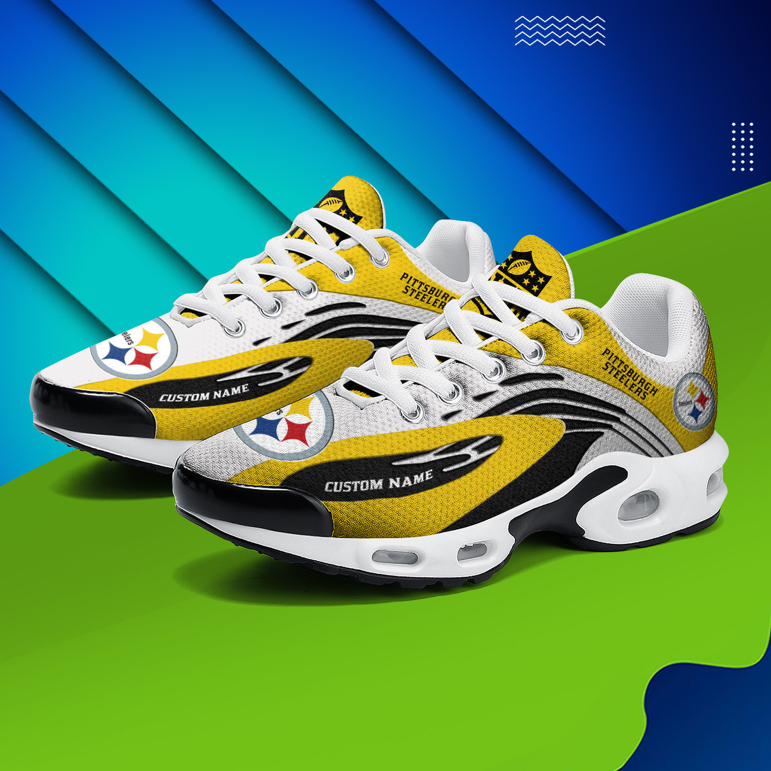 Pittsburgh Steelers Personalized Name Team Logo Mix Colors Wave Line TN Shoes Air Cushion Sneakers
