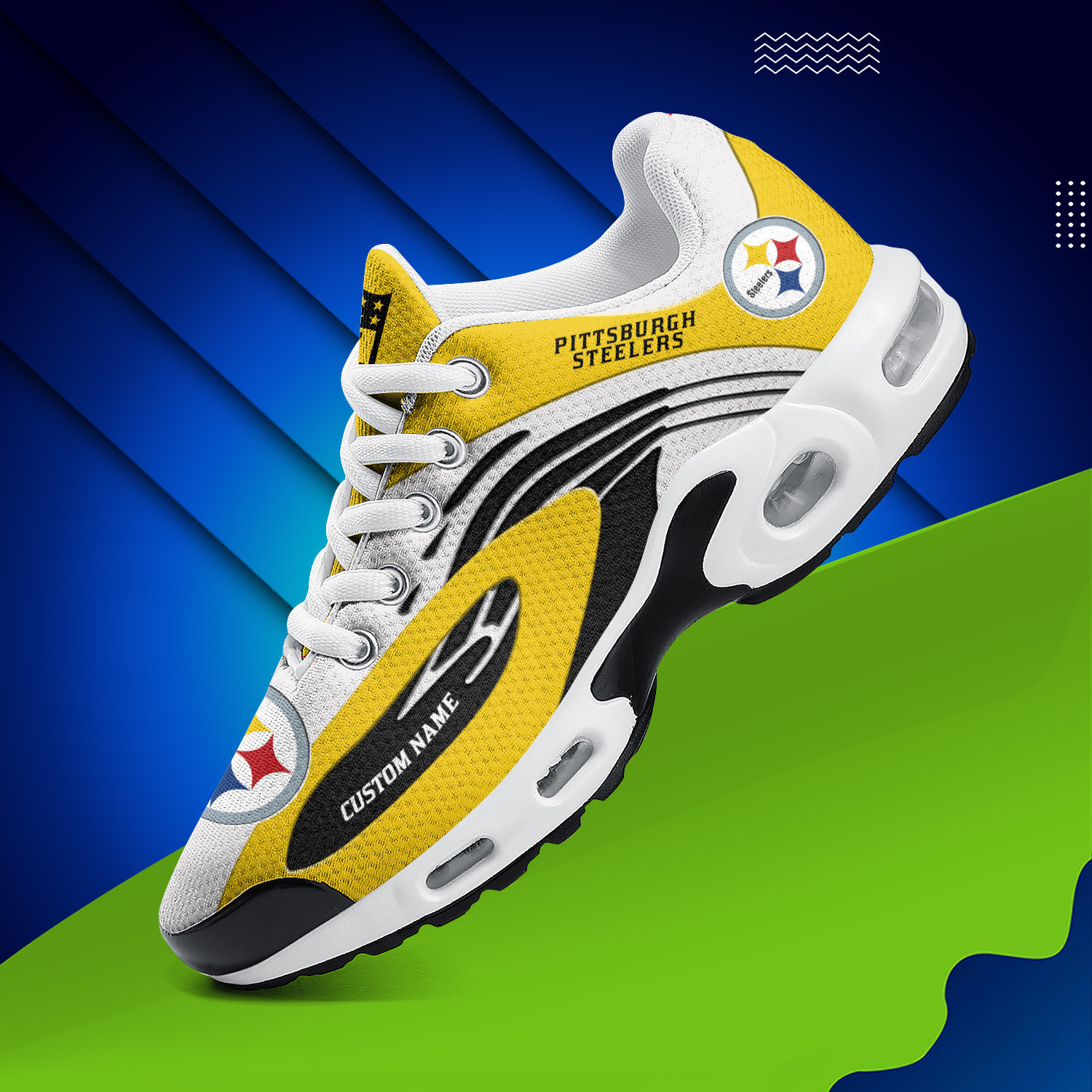 Pittsburgh Steelers Personalized Name Team Logo Mix Colors Wave Line TN Shoes Air Cushion Sneakers