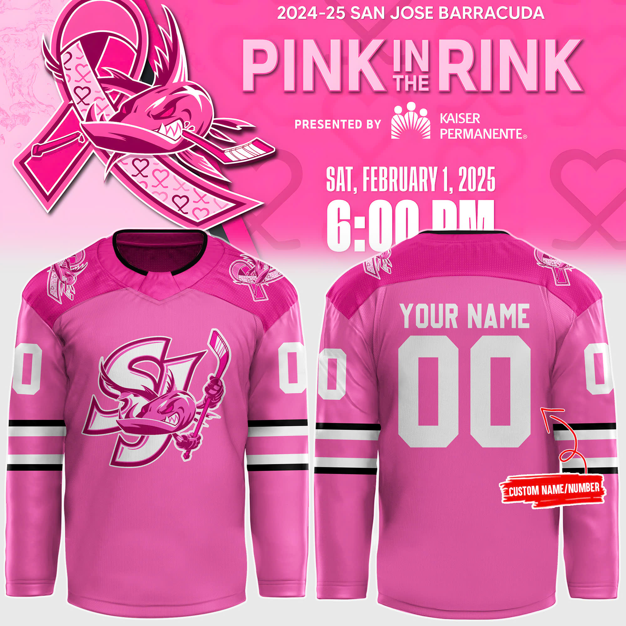 San Jose Barracuda Pink in the Rink 2024 25 Hoodie 