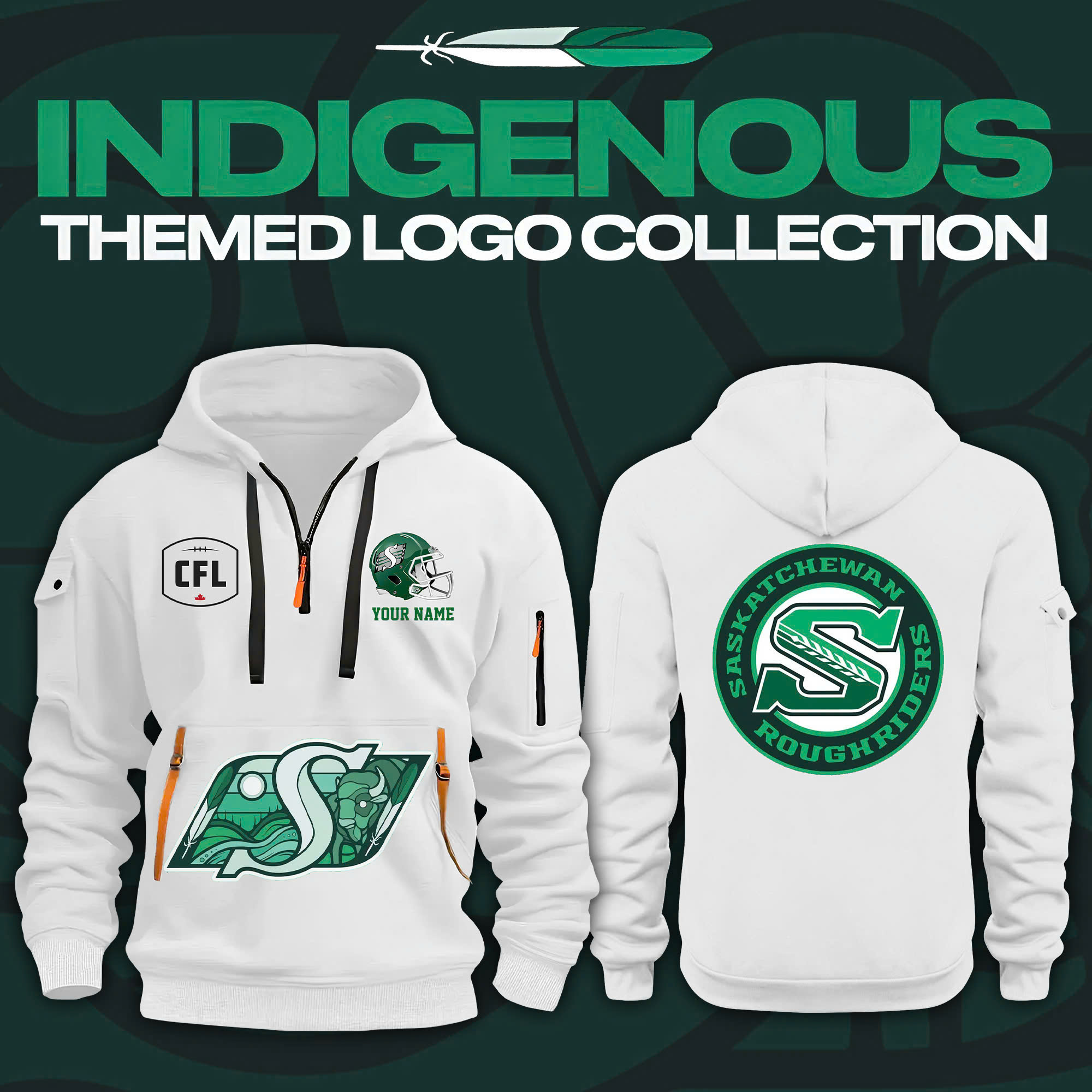 Saskatchewan Roughriders Indigenous Fleece Zip Hoodie | White Color V2 