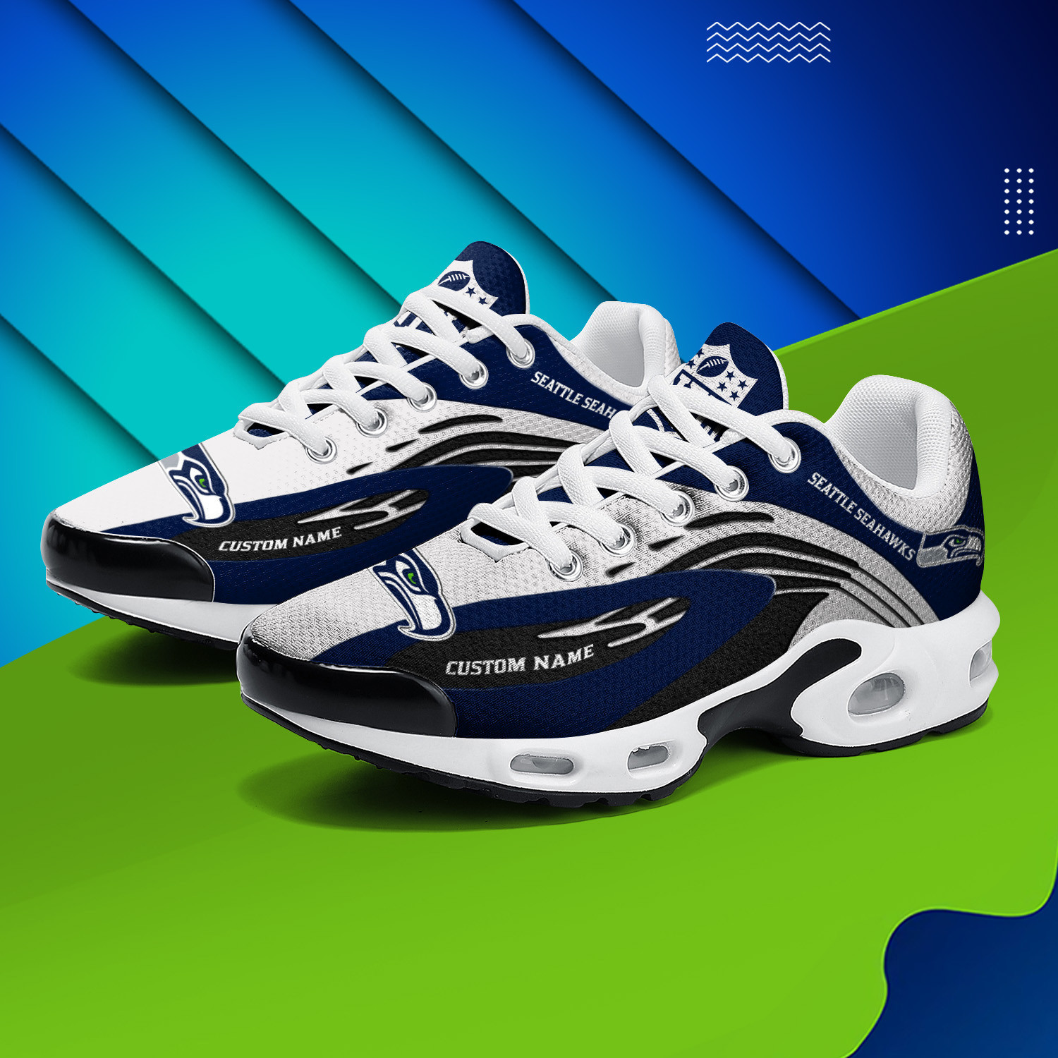 Seattle Seahawks Personalized Name Team Logo Mix Colors Wave Line TN Shoes Air Cushion Sneakers