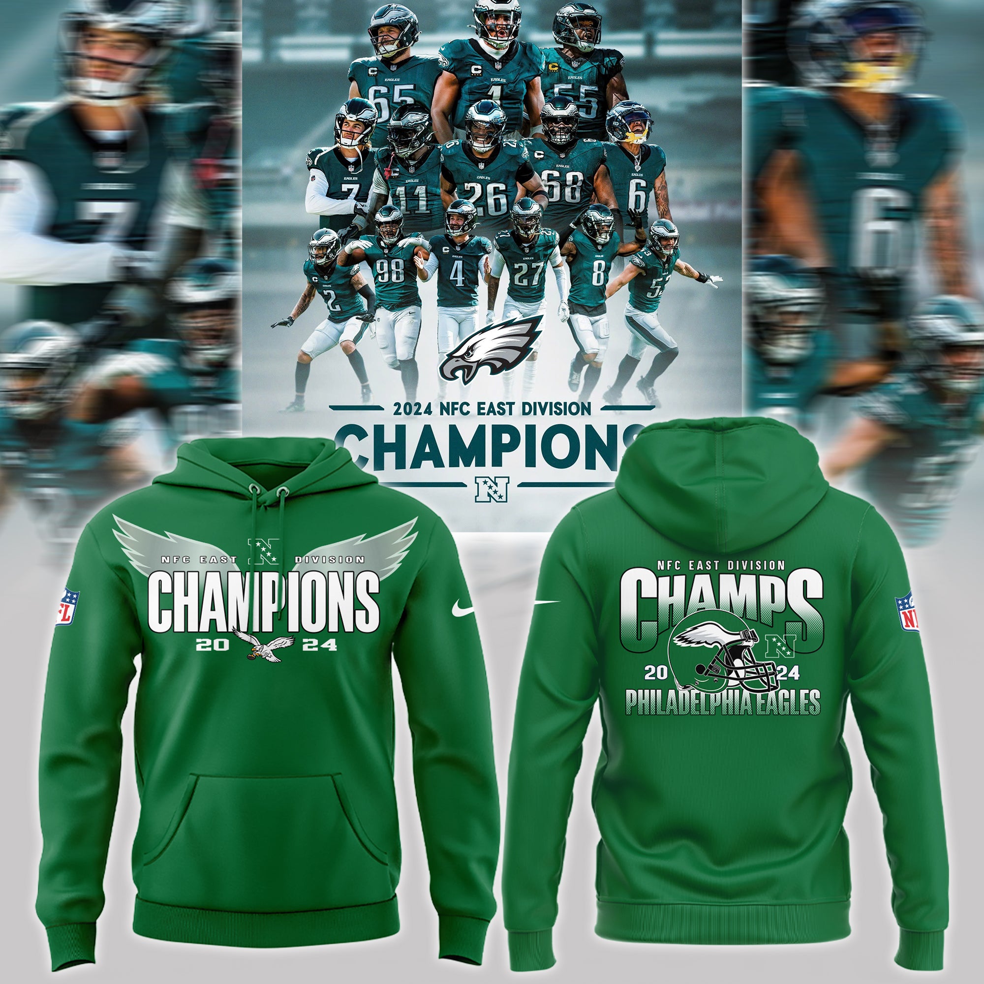 Special Edition Kelly Green Philadelphia Eagles 2024 NFC East Division Champions Hoodie 