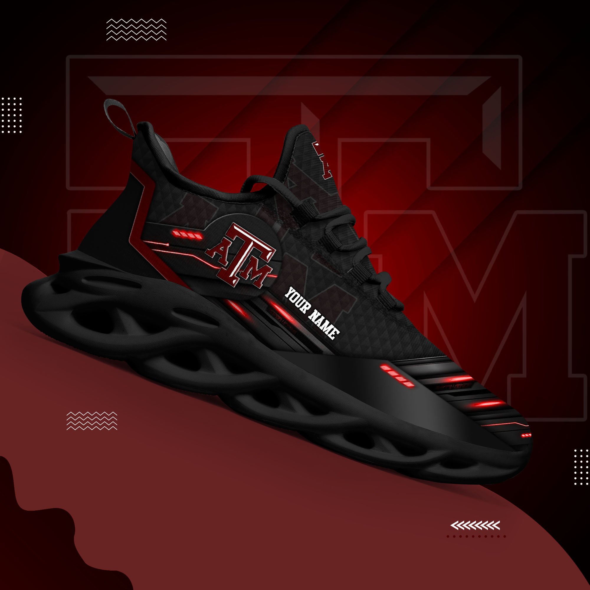 Texas A#038M Aggies Black Clunky Sneaker Custom Name, Max Soul Shoes, Sport Gifts For Fan