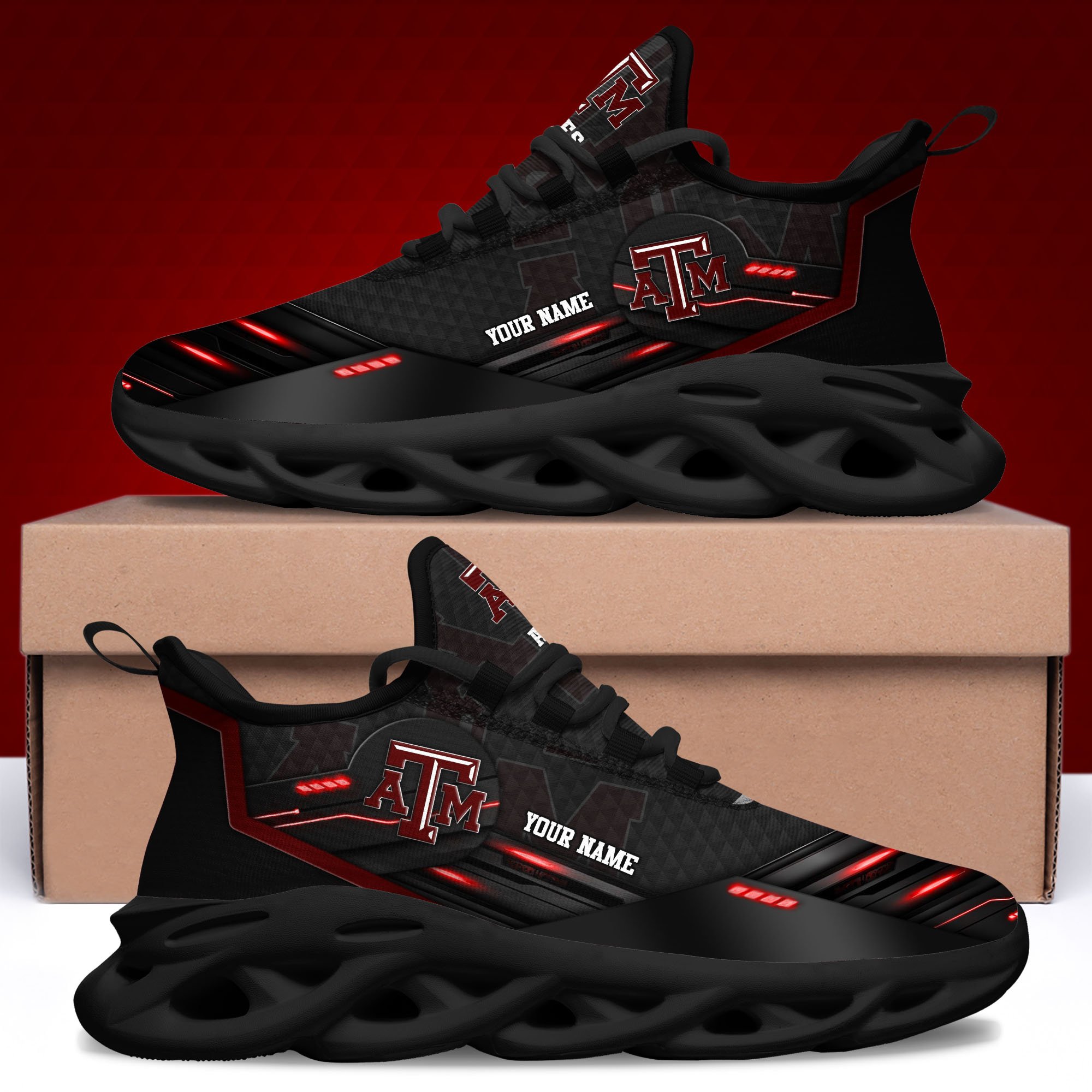 Texas A#038M Aggies Black Clunky Sneaker Custom Name, Max Soul Shoes, Sport Gifts For Fan