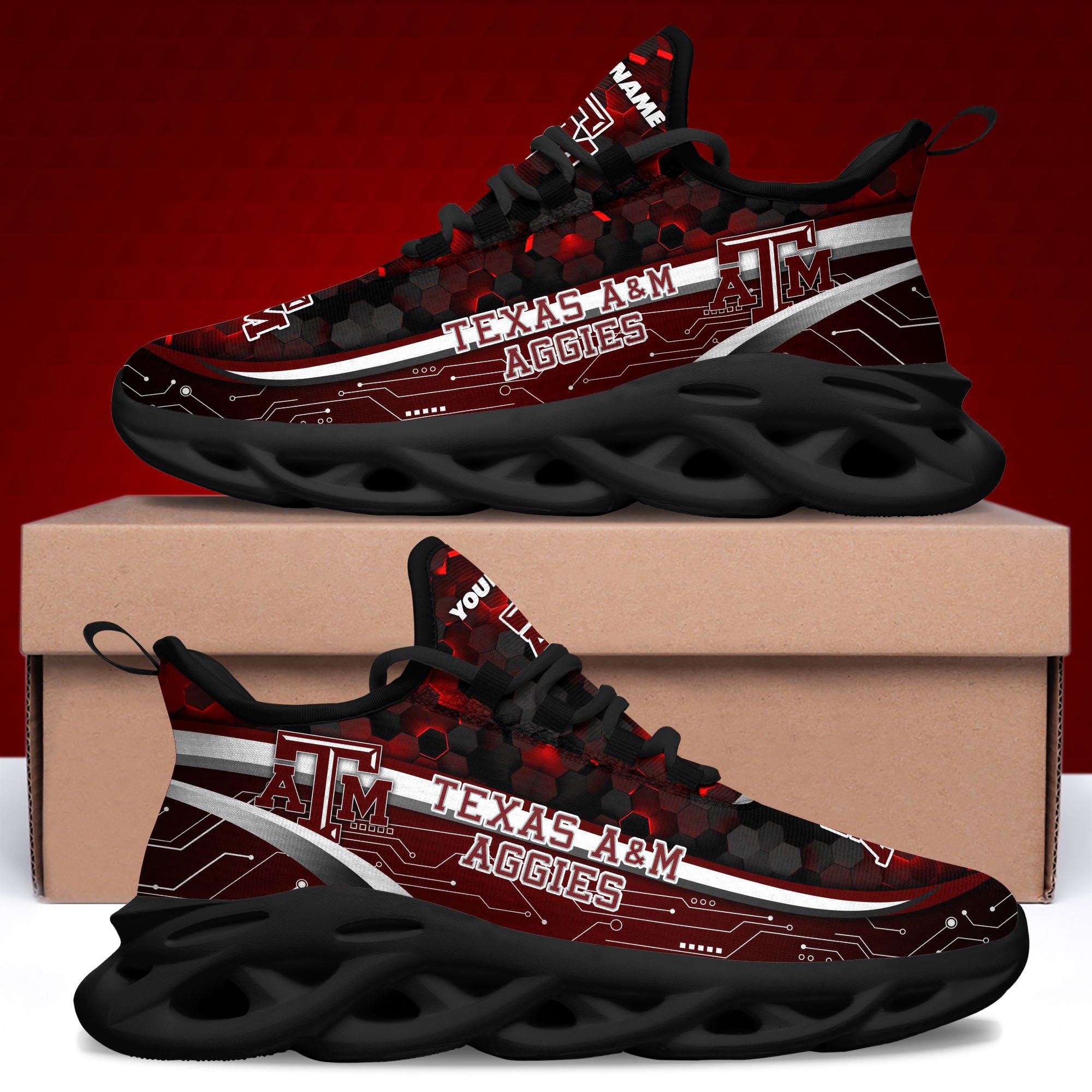 Texas A#038M Aggies Black Clunky Sneakers Custom Name, Max Soul Shoes, Sport Gifts
