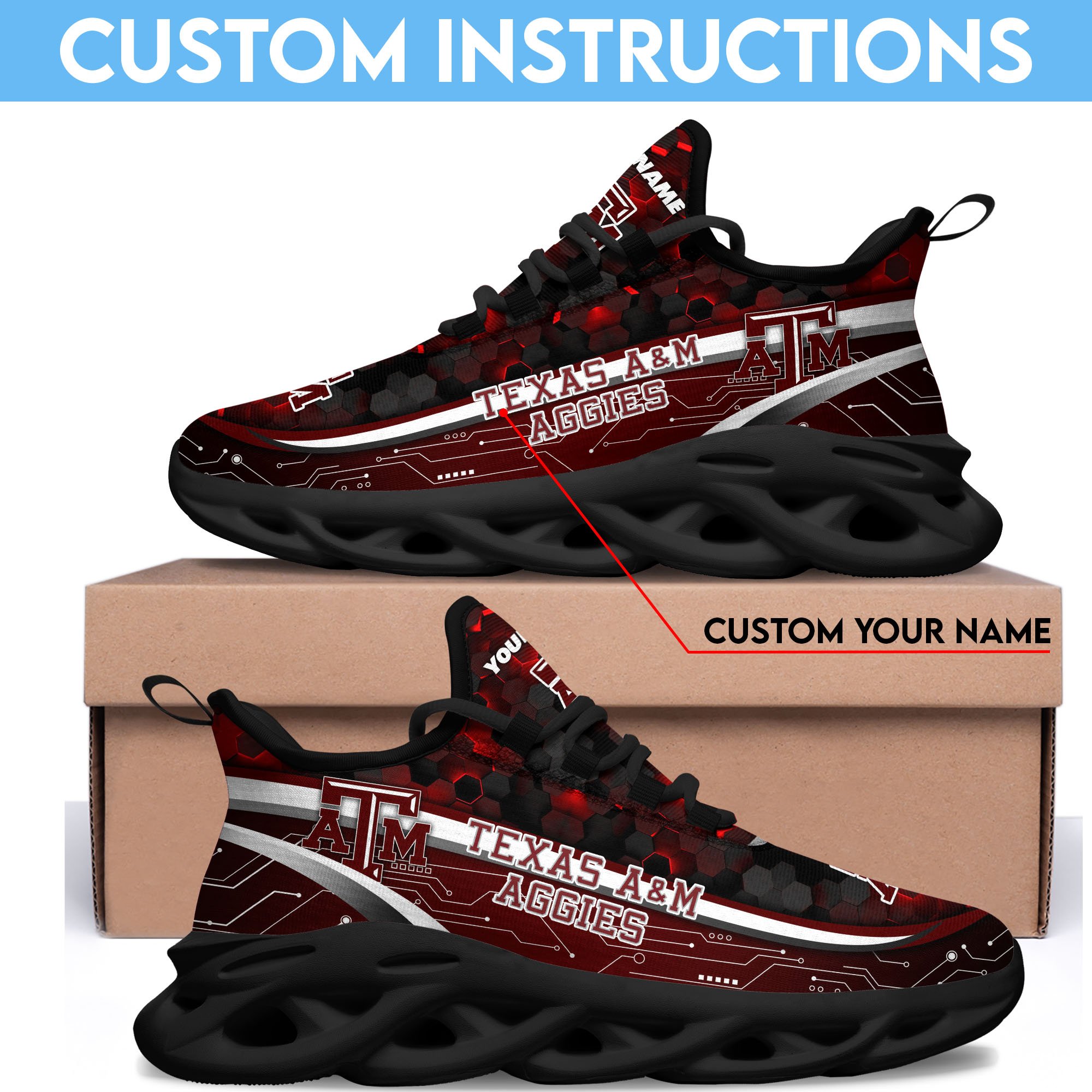 Texas A#038M Aggies Black Clunky Sneakers Custom Name, Max Soul Shoes, Sport Gifts