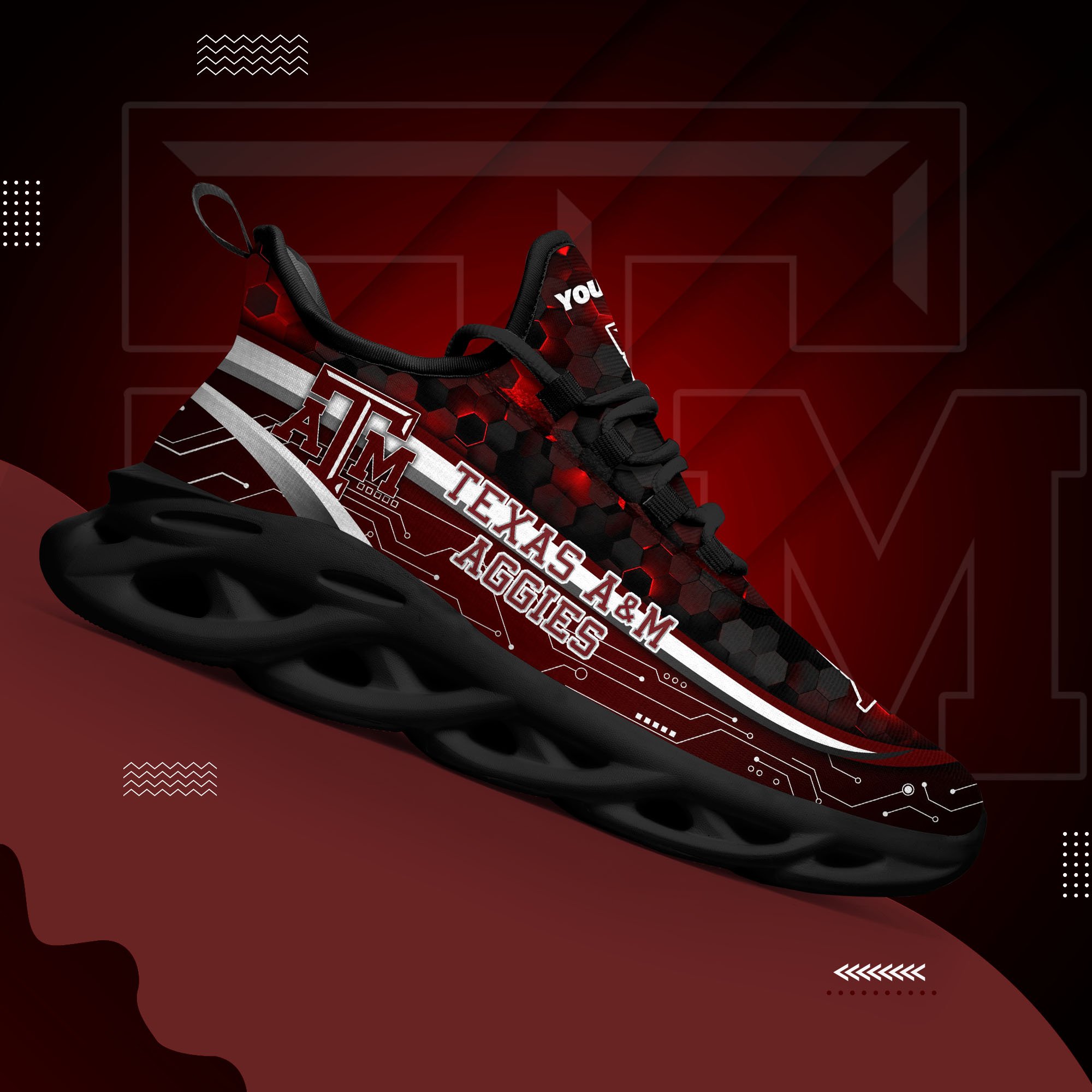 Texas A#038M Aggies Black Clunky Sneakers Custom Name, Max Soul Shoes, Sport Gifts