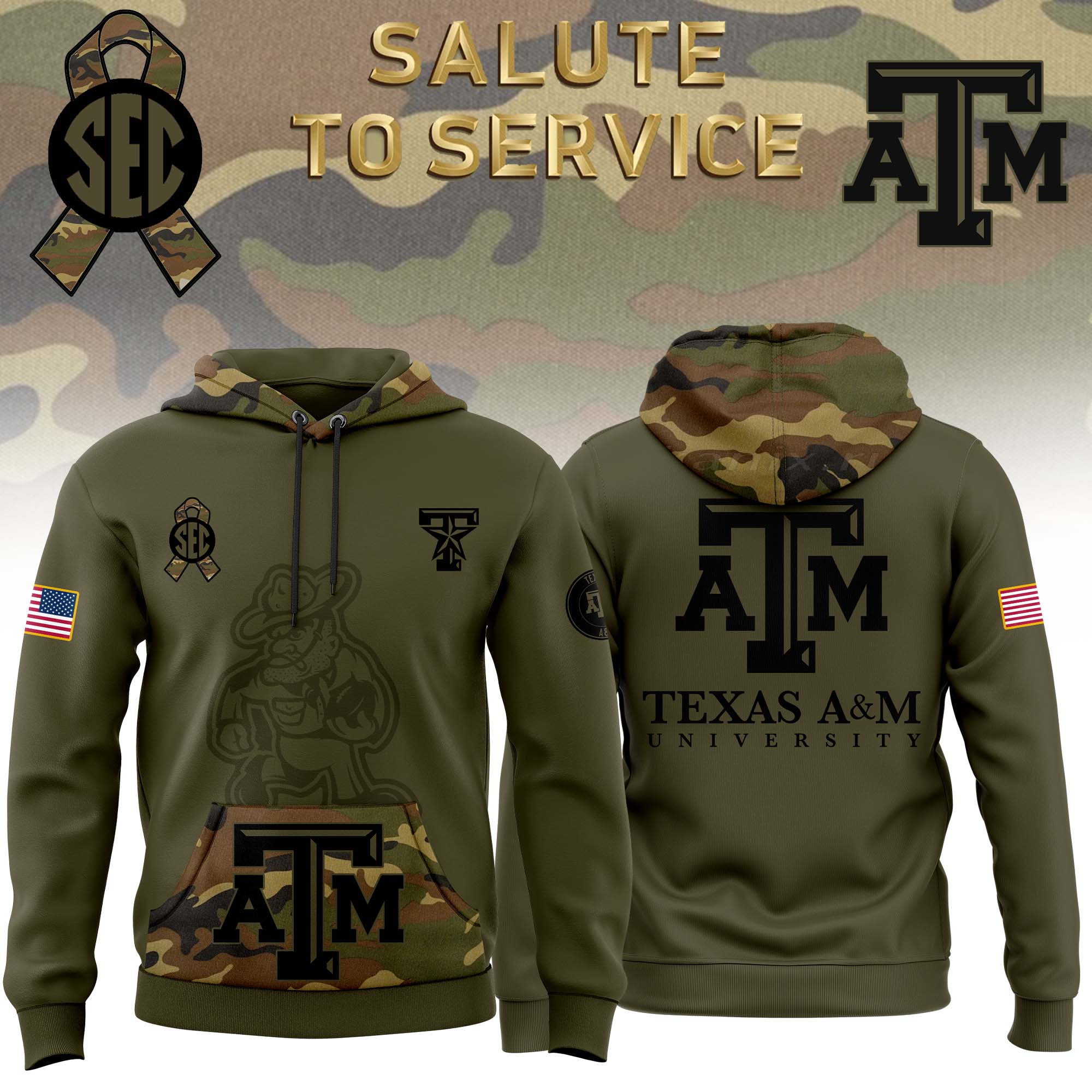 Texas A&amp;M Aggies Camo Salute to Service Club Fleece Pullover Hoodie 