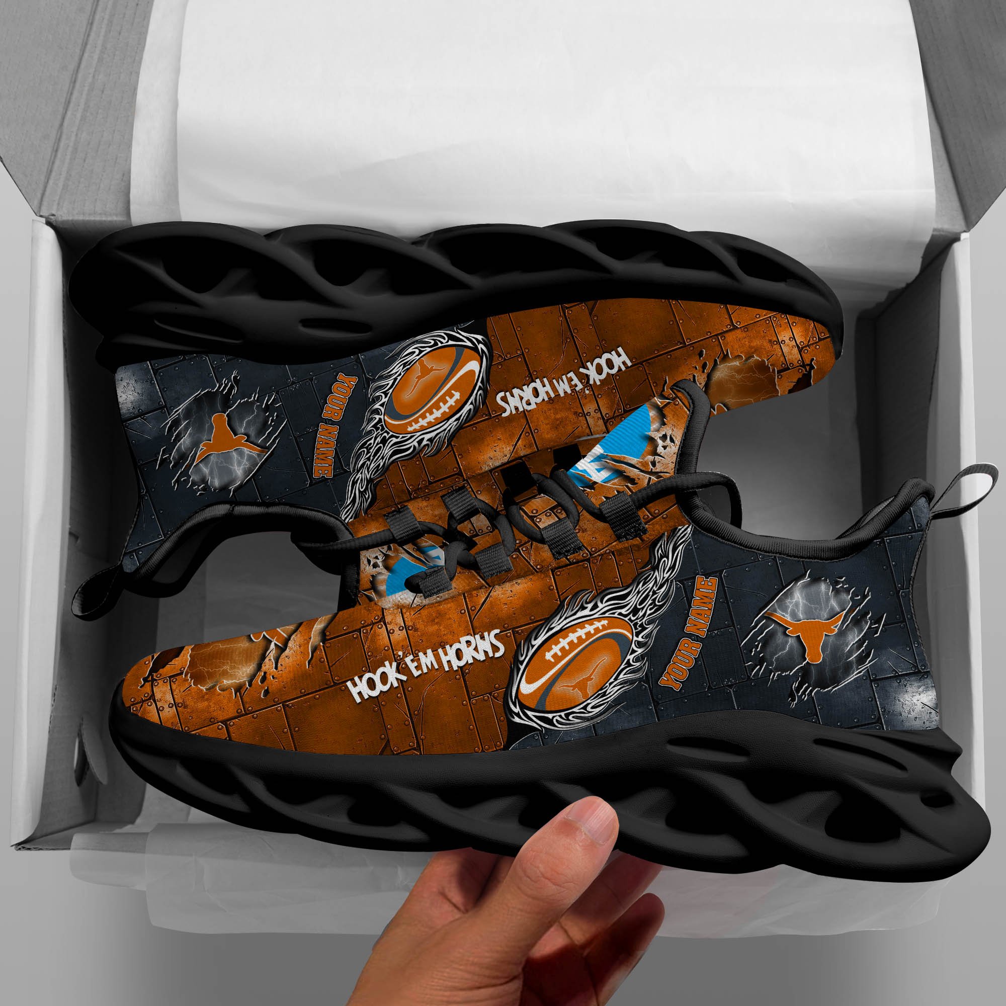 Texas Longhorns Black Max Soul Shoes 2025 Versions, White Max Soul Shoes Custom Your Name PH879