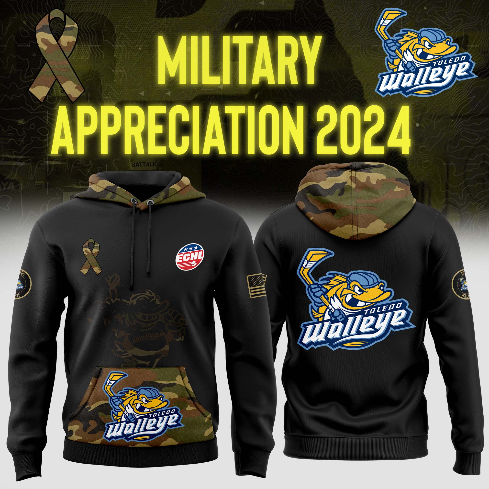 Toledo Walleye Arctic Camo Salute to Service Club Fleece Pullover Hoodie 