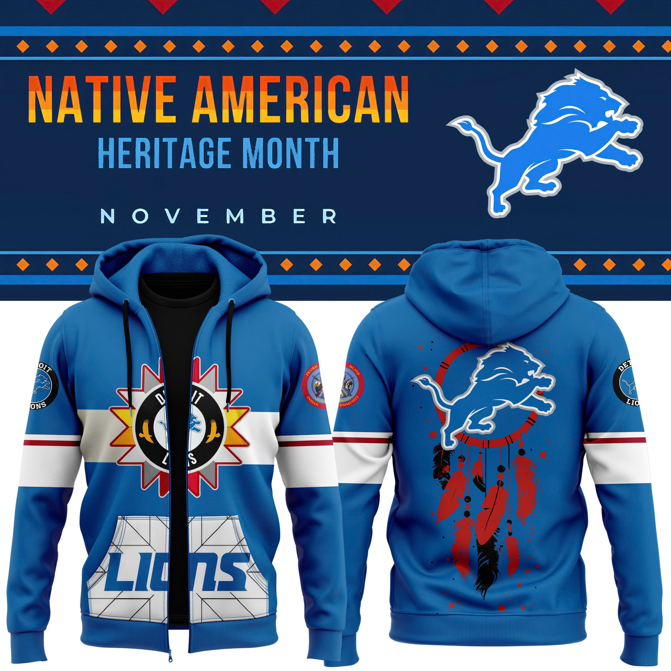 Unise Detroit Lions Native American Heritage Month Premium Pullover Zip Hoodie 