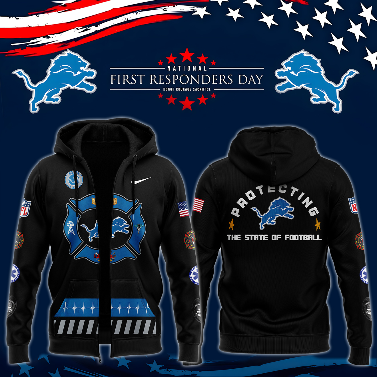 Unise Detroit Lions x First Responders Day Premium Pullover Zip Hoodie 
