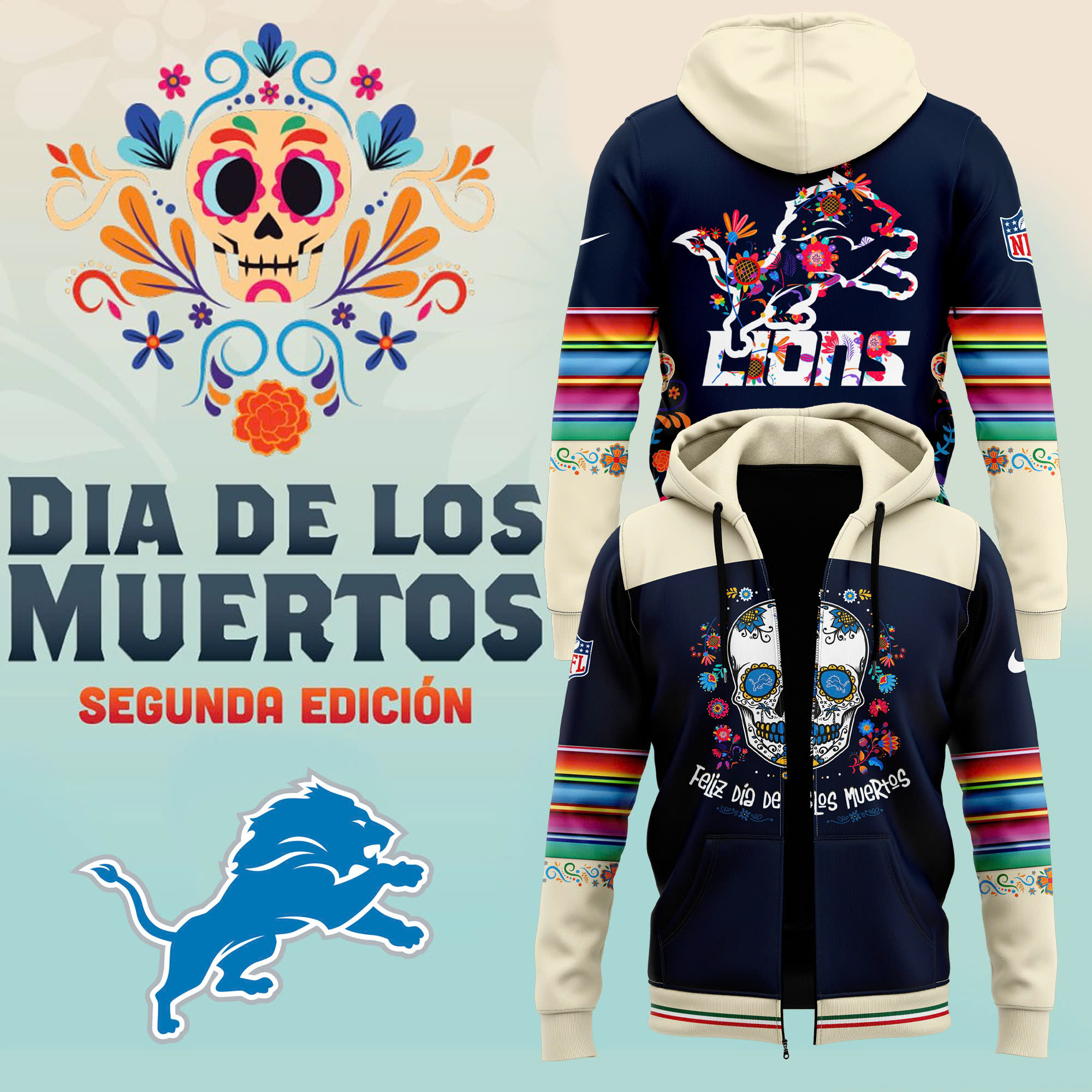 Unise Pro Detroit Lions Dia De Los Muertos Premium Pullover Zip Hoodie 