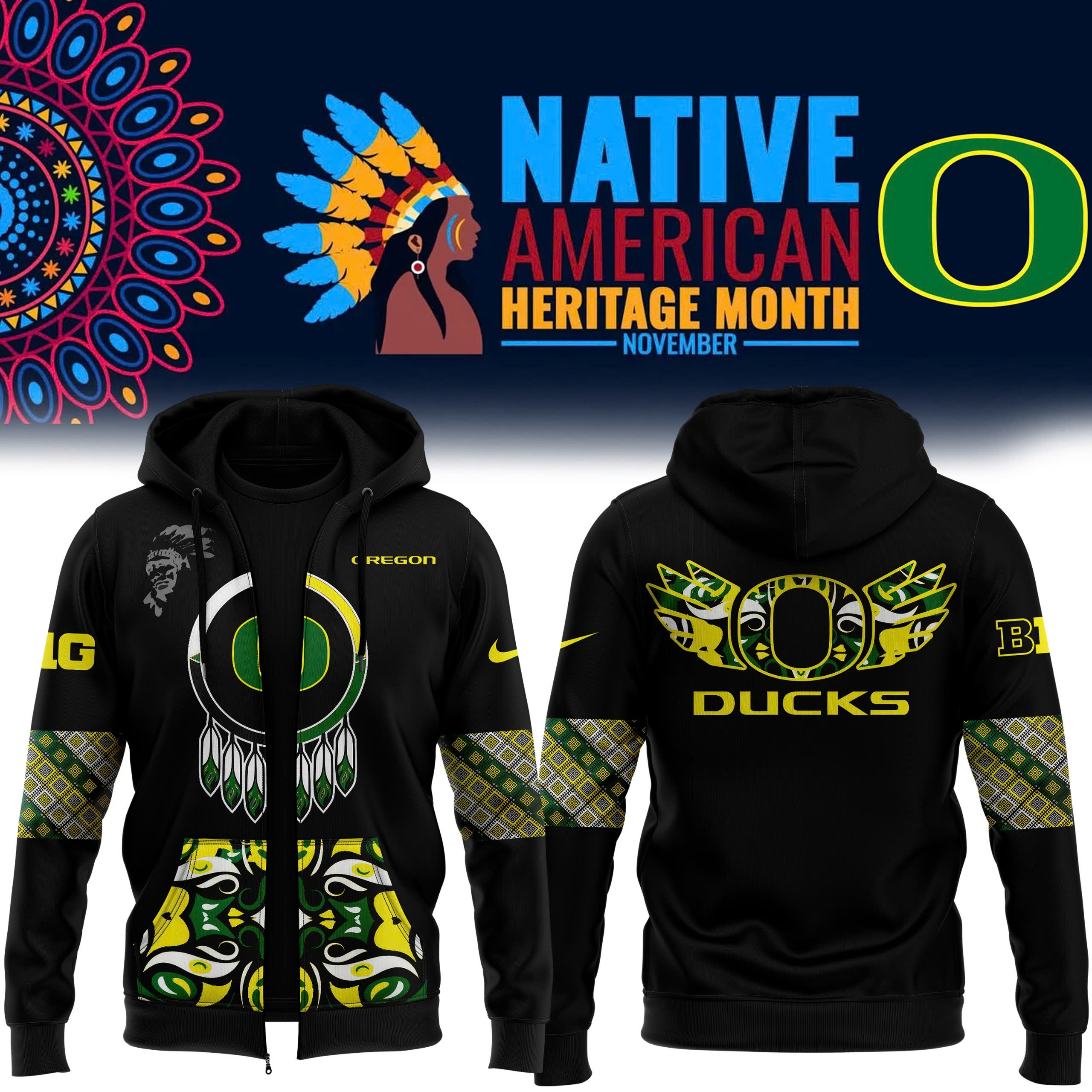 Unise Pro Oregon Football Native American Heritage Month Premium Pullover Zip Hoodie 