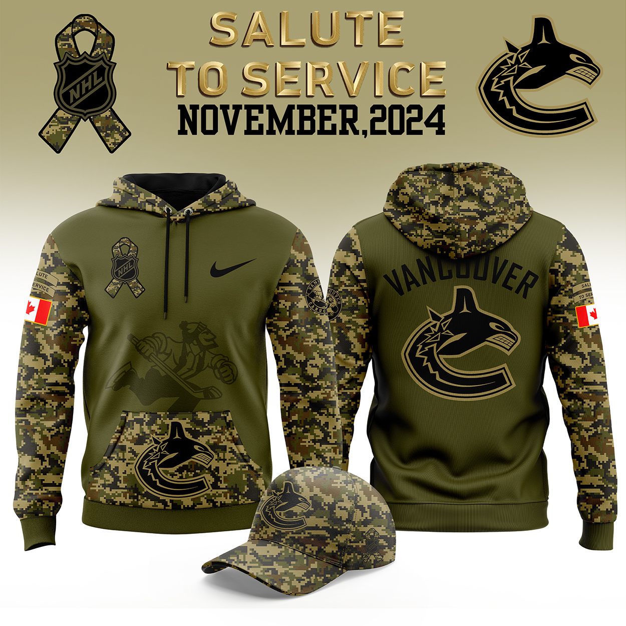 Vancouver Canucks Camo Salute to Service Premium Club Fleece Pullover Hoodie 