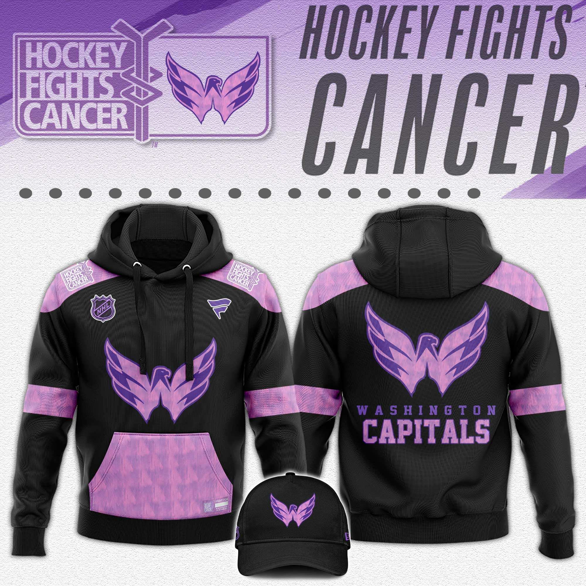 Washington Capitals x Hockey Fights Cancer Black Hoodie 2024 