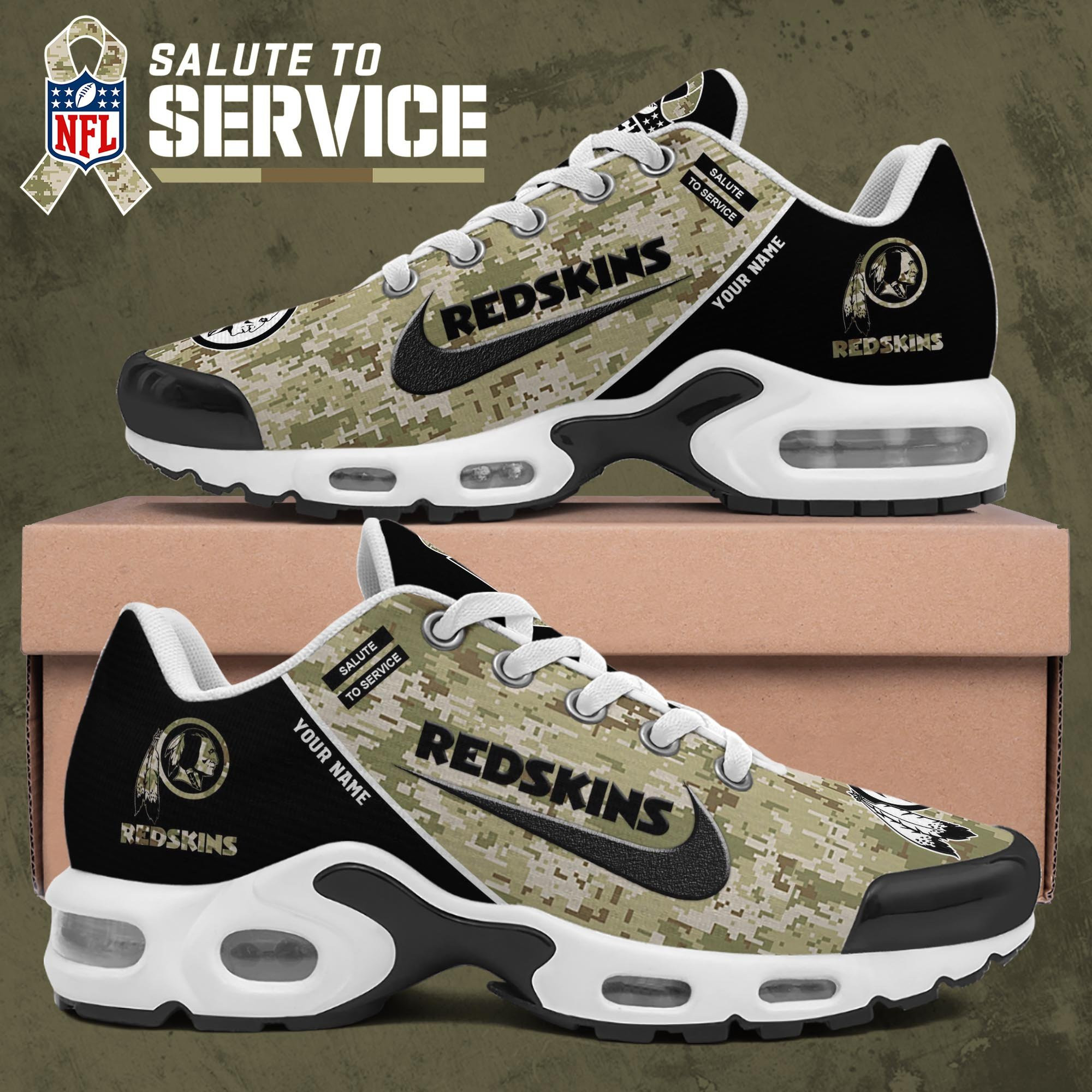 Washington Redskins TN Shoes 2025 Version Custom Name, Camouflage Shoes   PH586