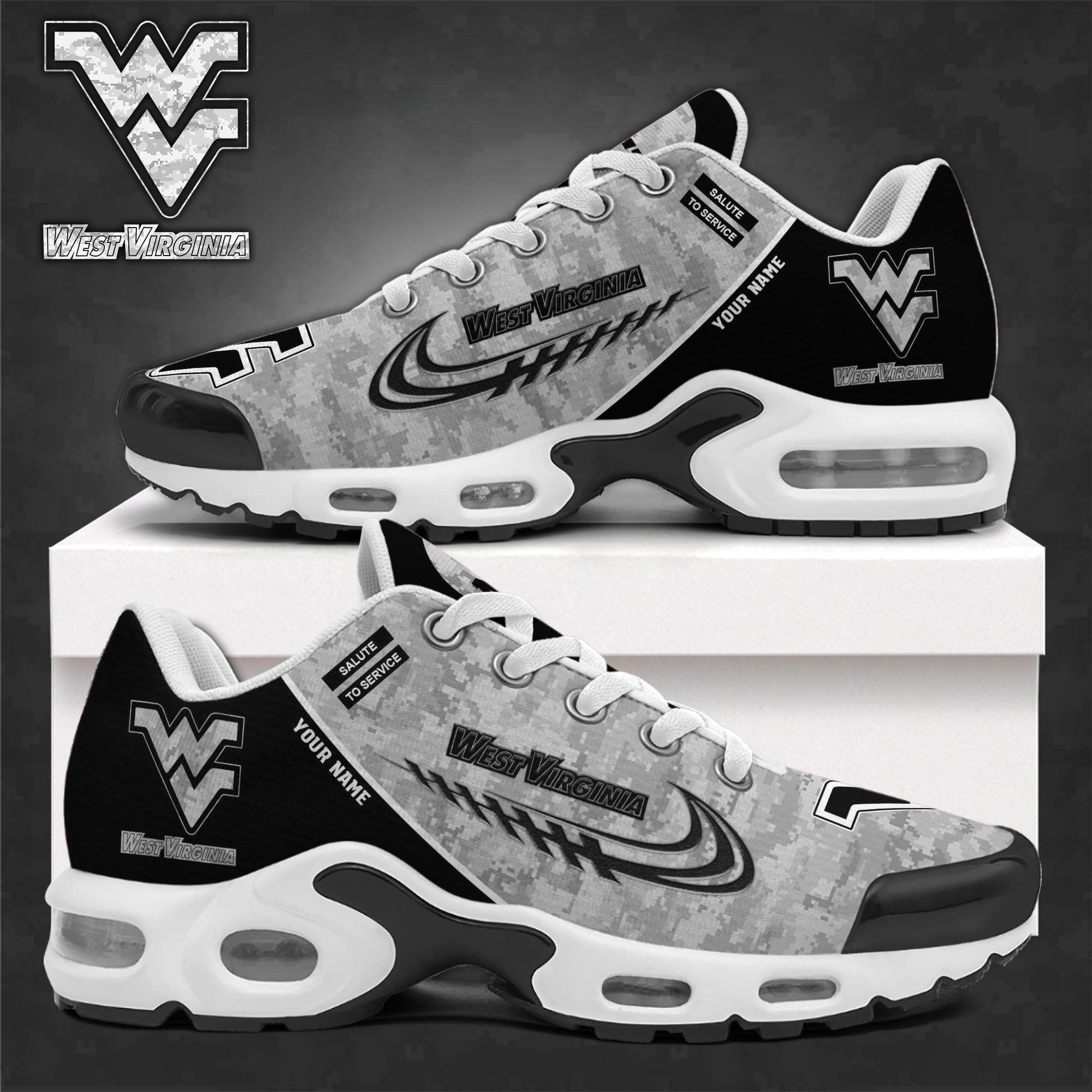 West Virginia Mountaineers TN Shoes 2025 Version Custom Name, Camouflage Shoes PH585