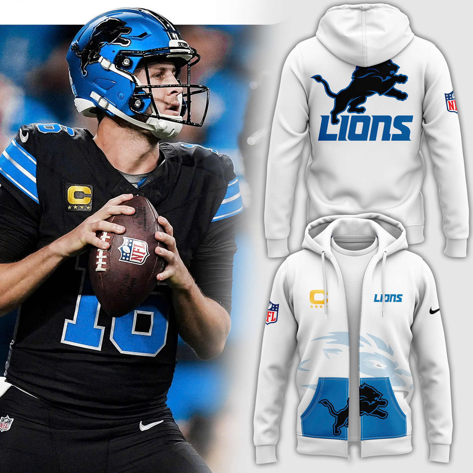 White Detroit Lions Alternate Helmet Pullover Zip Hoodie V2 