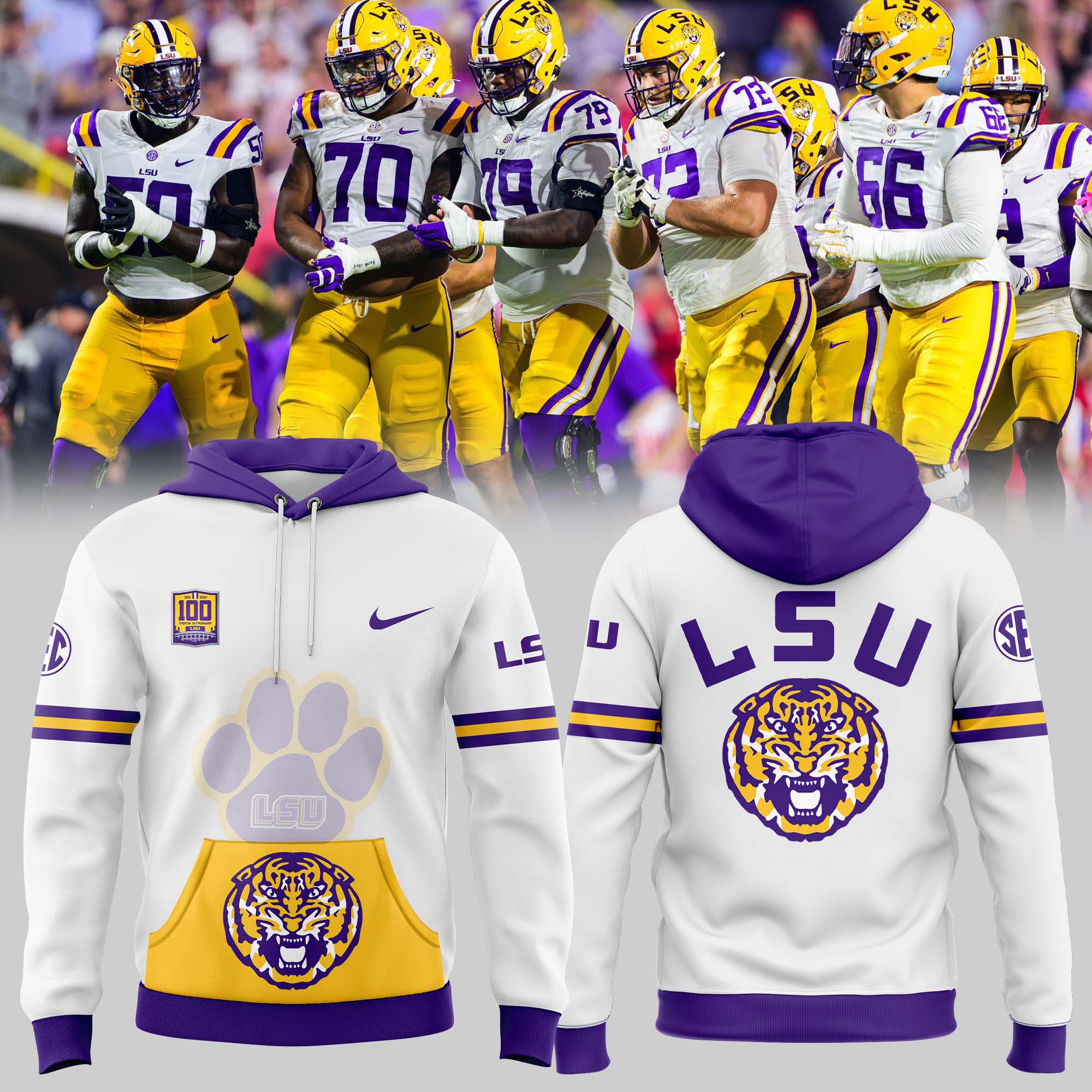 White LSU Tigers 100 Years in Tiger Stadium Scratch Hoodie 