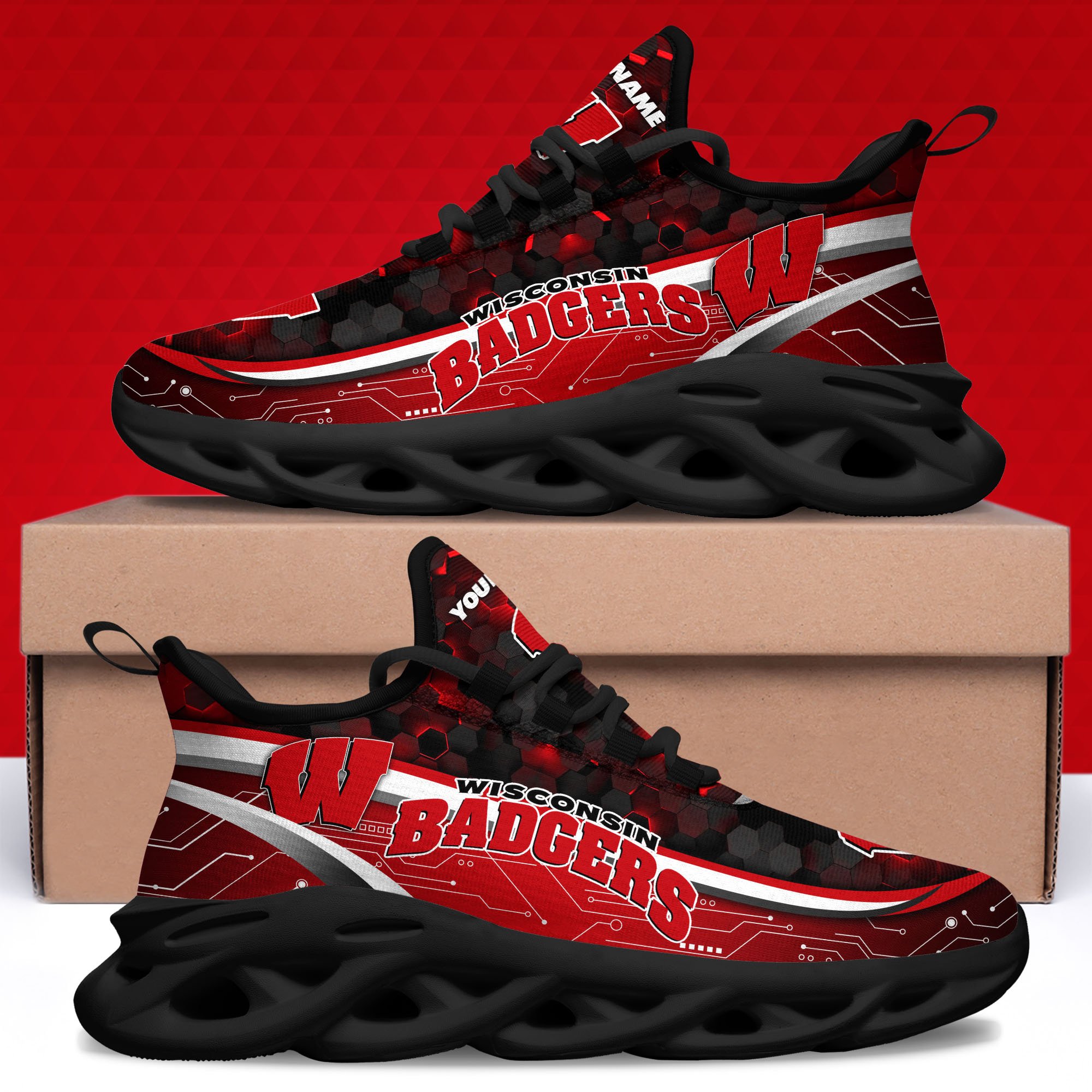 Wisconsin Badgers Black Clunky Sneakers Custom Name, Max Soul Shoes, Sport Gifts