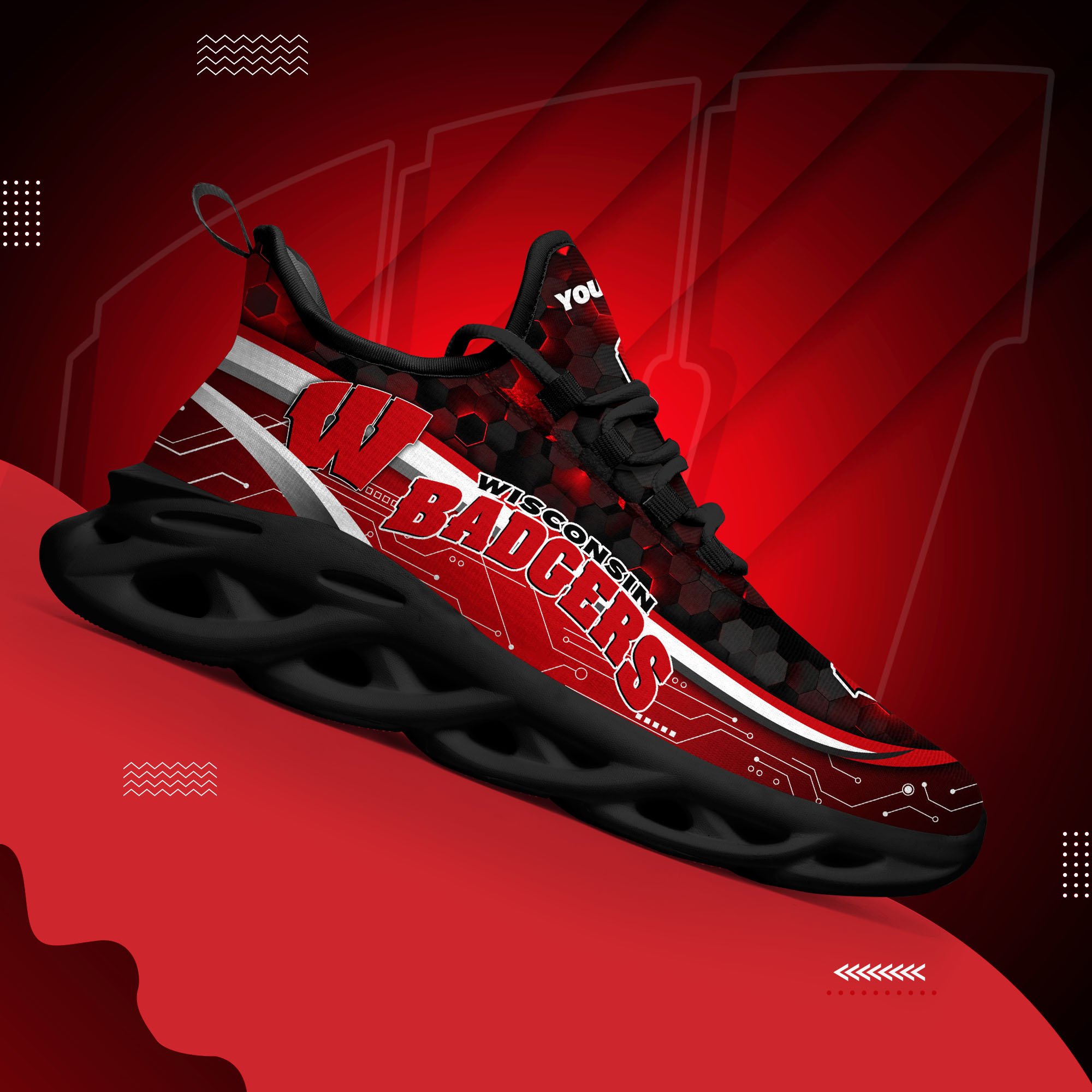 Wisconsin Badgers Black Clunky Sneakers Custom Name, Max Soul Shoes, Sport Gifts