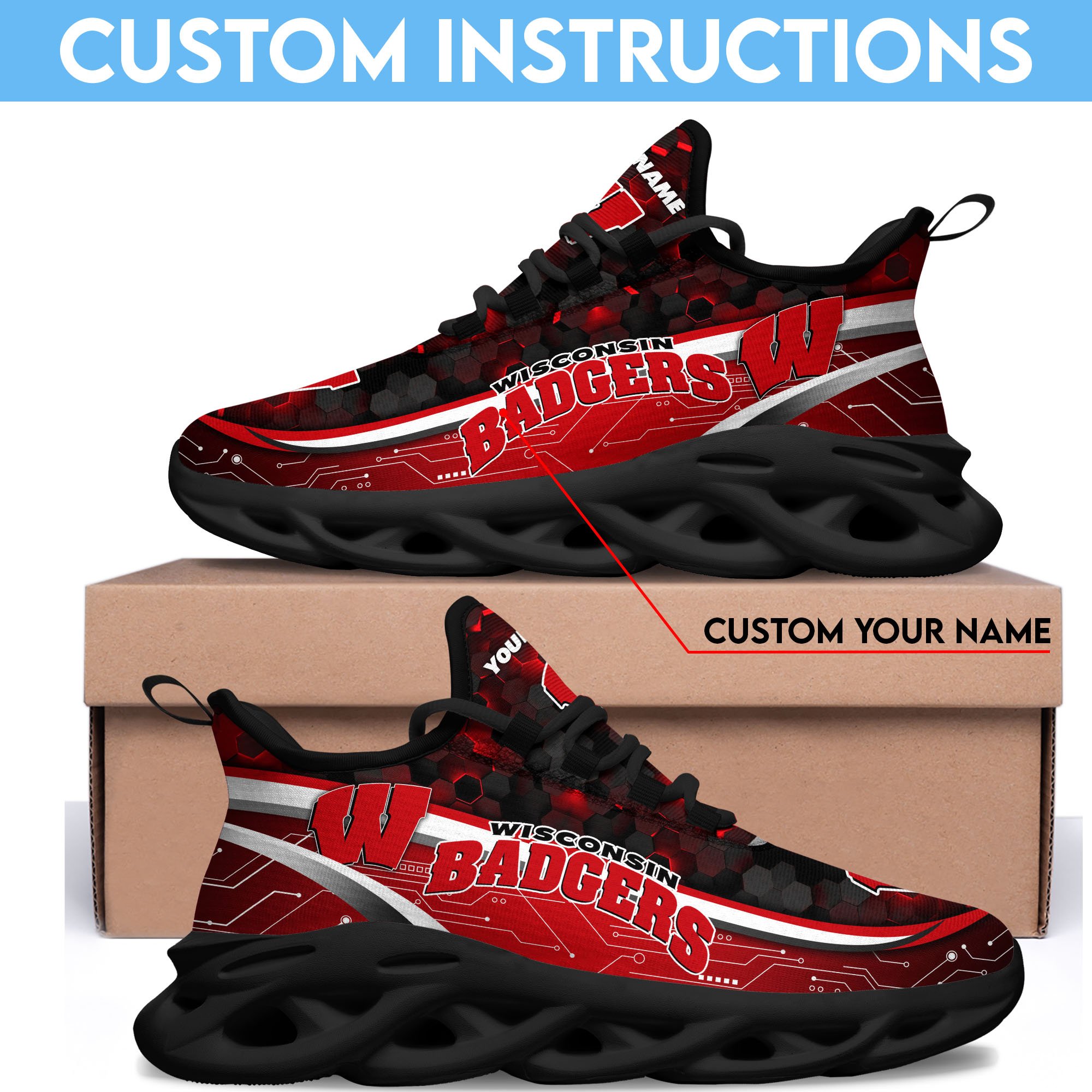 Wisconsin Badgers Black Clunky Sneakers Custom Name, Max Soul Shoes, Sport Gifts