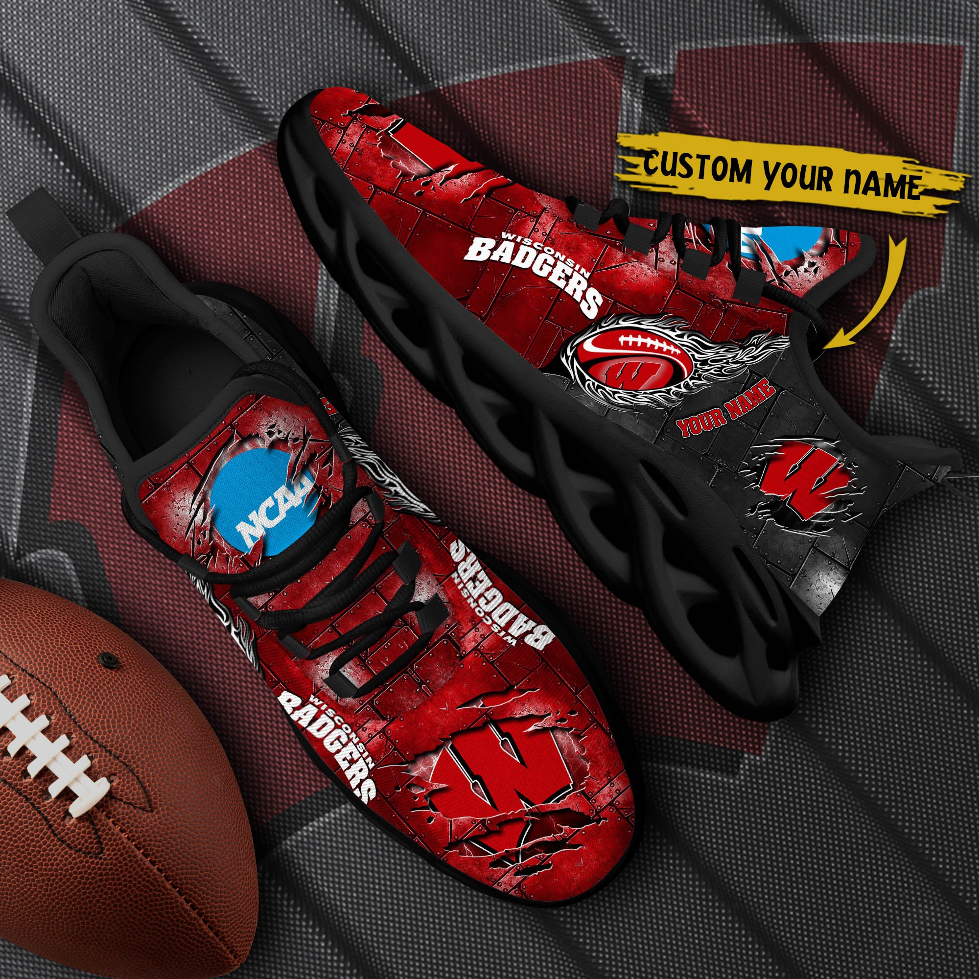 Wisconsin Badgers Black Max Soul Shoes 2025 Versions, White Max Soul Shoes Custom Your Name PH879