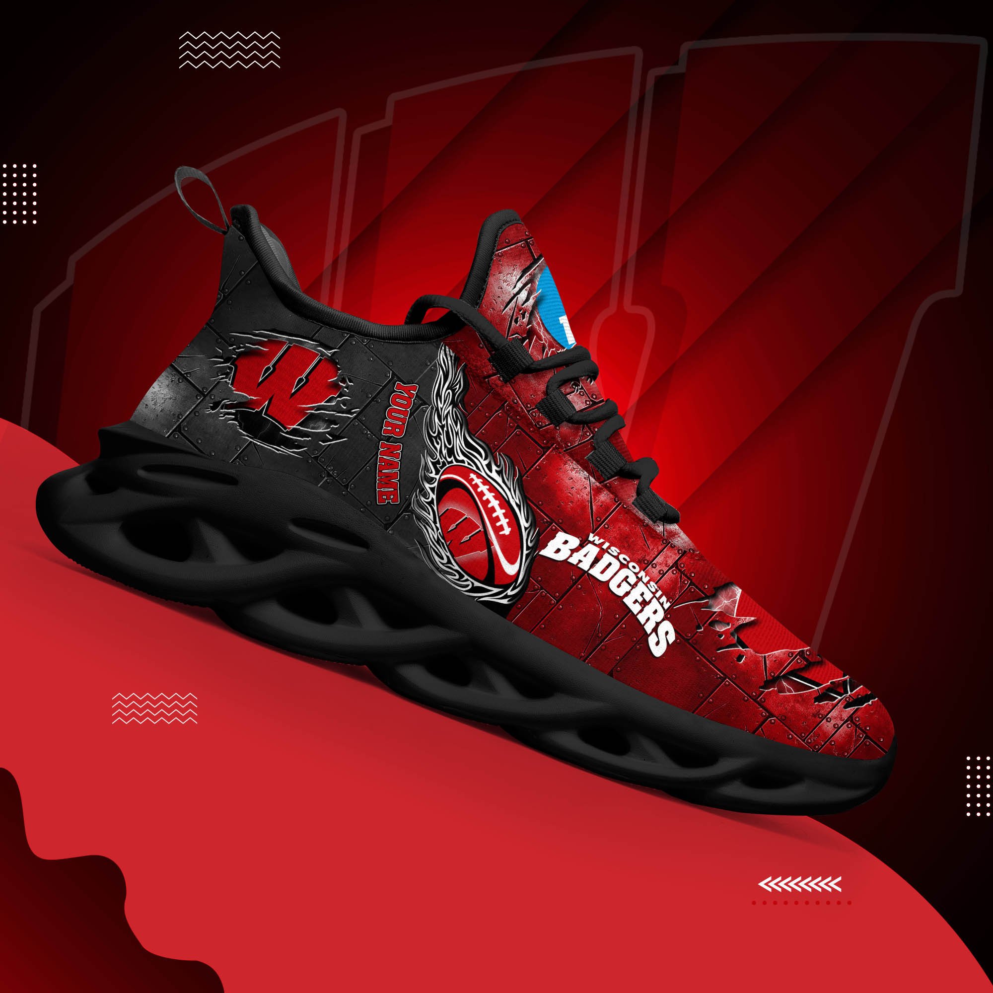 Wisconsin Badgers Black Max Soul Shoes 2025 Versions, White Max Soul Shoes Custom Your Name PH879