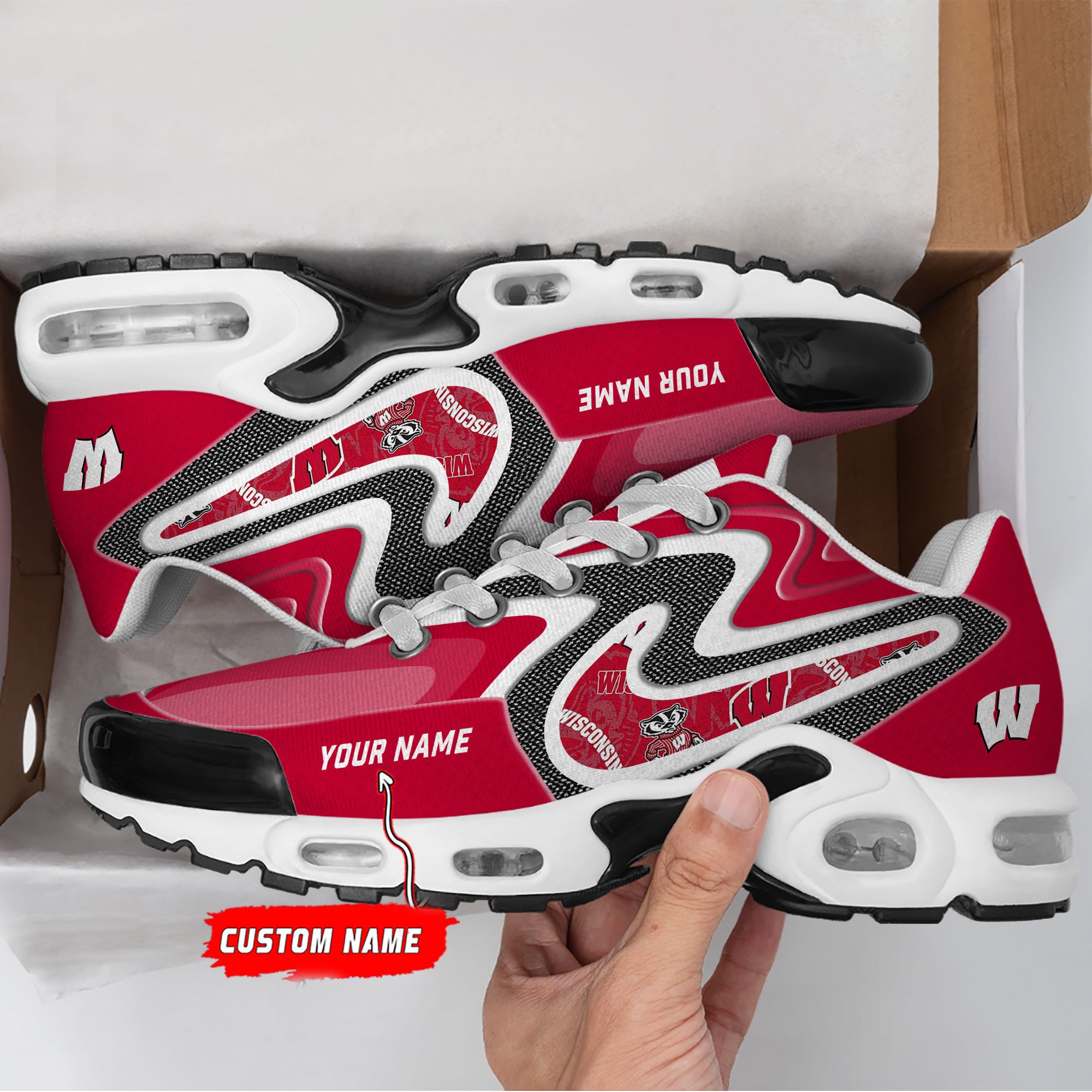 Wisconsin Badgers Personalized Name Team Checkmark Logo Mix Colors Stitch Line TN Shoes Air Cushion Sneakers