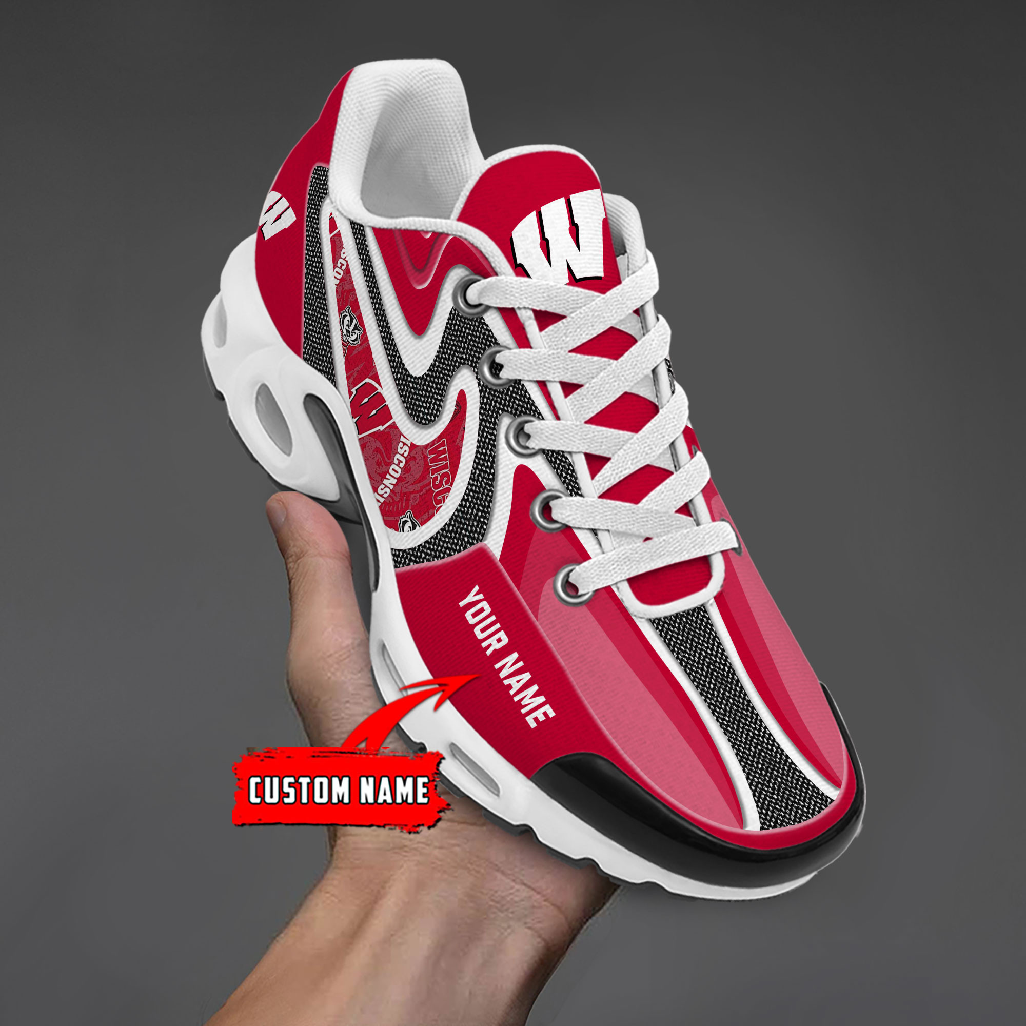 Wisconsin Badgers Personalized Name Team Checkmark Logo Mix Colors Stitch Line TN Shoes Air Cushion Sneakers